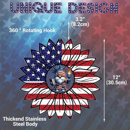 Gnome 4th of July Wind Spinner Hanging Garden Decor Independence Day Yard Garden Metal Spinner Memorial Day Wind Sculptures for Indoor Outdoor Spinning Lawn Ornaments Patriotic Art Kinetic Sculpture