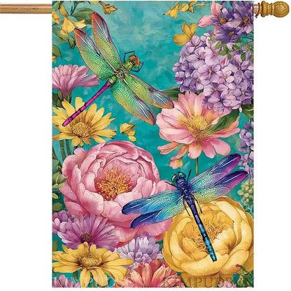 Spring Dragonfly House Flag Burlap 28x40 Inch Double Sided for Outside, Large Yard Flag for Seasonal Outdoor Decoration