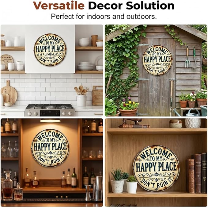 Funny Garden Metal Sign, 2026 New Vintage Round Metal Sign Funny Home Decorative for Patio Porch, “Welcome to My Happy Place Don’t Ruin It” Garden Wall Decor Vintage Statement Metal Sign (Style A, 8X8 inch)