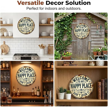 Funny Garden Metal Sign, 2026 New Vintage Round Metal Sign Funny Home Decorative for Patio Porch, “Welcome to My Happy Place Don’t Ruin It” Garden Wall Decor Vintage Statement Metal Sign (Style B, 8X8 inch)