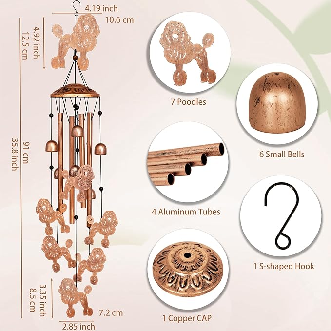 GDNSFIT Poodle Wind Chimes for Outside, Metal Windchimes Outdoors, Poodle Gifts for Women/Men, Memorial/Birthday Gifts, Garden Decor for Outside, Patio or Yard, Durable Chimes for Outdoors