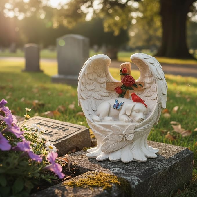 Dog Memorial Stone with Angel Wings Cross Roses Cardinal Butterfly, Pet Grave Markers Sleeping Waterproof Loss of Dog Sympathy Gift for Outdoor Cemetery 6 Inch