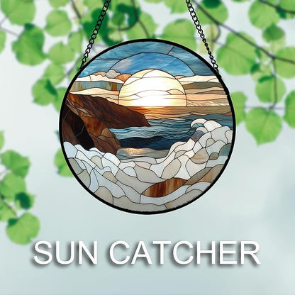 DASTOLL Stained Glass Window Hanging 4 Pcs Set Ocean Waves Large 15" - Blue and White Sea Suncatcher Door Garden Sun Catcher Decor Birthday Christmas for Mom Woman Nana Men
