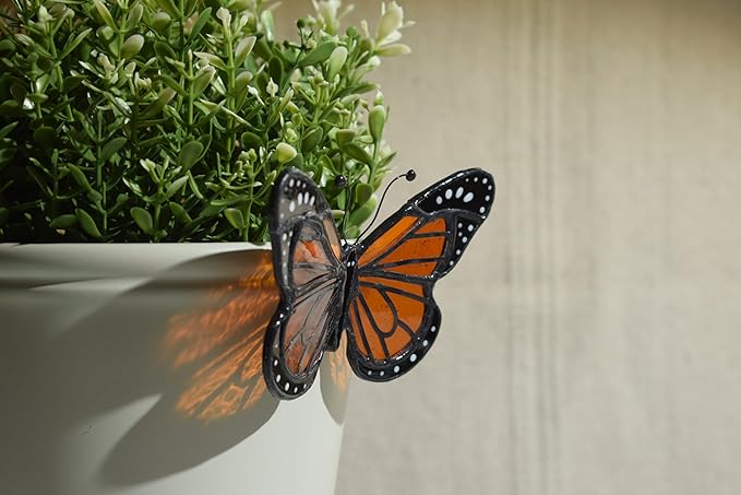 Lolitarcrafts Stained Glass Butterfly Suncatcher-Monarch or Luna Moth Design for Indoor and Outdoor Plant Decoration,Colorful Glass Plant Pot Ornament, Plant Lovers Gifts (Orange Monarch)