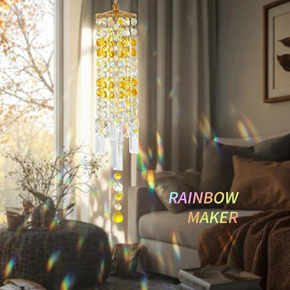 Crystal Wind Chimes for Outside with Rainbow Light Reflections Glass Bells and Rose Gold Alloy Hooks Indoor Outdoor Decor for Home Garden Patio Porch Birthday House Warming (Yellow)
