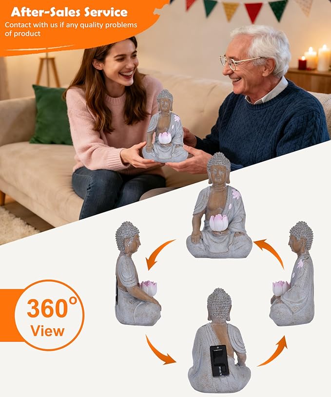 Nacome Solar Buddha Garden Statue Decor: Resin Zen Decor Waterproof Sitting Figurine with Lotus Flower Light Design for Outside Patio Lawn Yard Balcony - 8.3 inches(White)