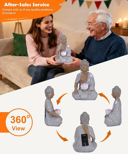 Nacome Solar Buddha Garden Statue Decor: Resin Zen Decor Waterproof Sitting Figurine with Lotus Flower Light Design for Outside Patio Lawn Yard Balcony - 8.3 inches(White)