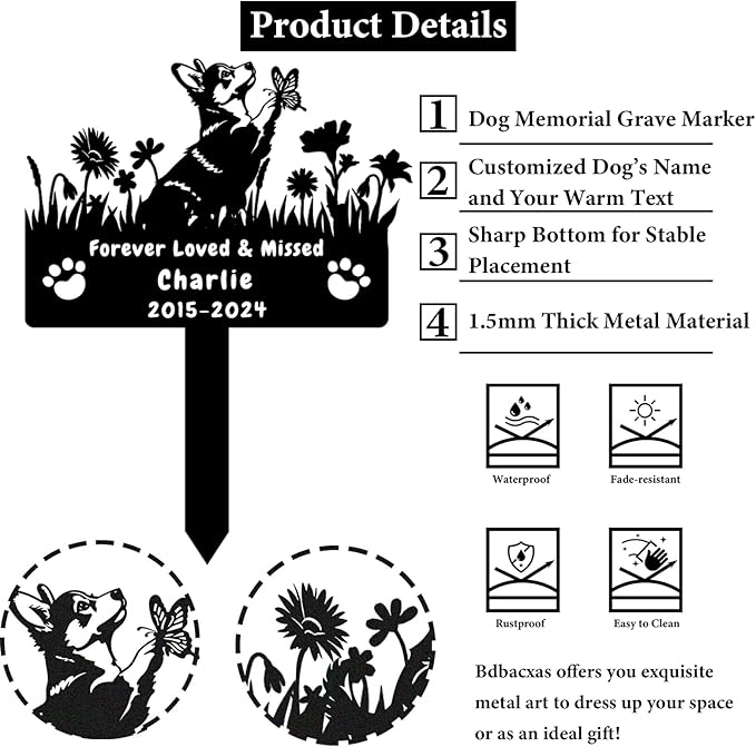 Custom Corgi Dog Memorial Grave Marker,Personalized Metal Flora Dog Memorial Stake,Dog Memorial Plaque Burial Stake Engraved Sign,Sympathy Grave Stake for Lost Dog,Dog Headstone