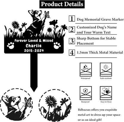 Custom Corgi Dog Memorial Grave Marker,Personalized Metal Flora Dog Memorial Stake,Dog Memorial Plaque Burial Stake Engraved Sign,Sympathy Grave Stake for Lost Dog,Dog Headstone