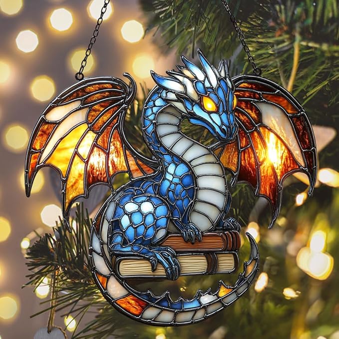 Elder Mythical Dragon Acrylic Suncatcher Stained Glass Effect Window Car Hanging Christmas Ornament Indoor Outdoor Decor Garden Sun Catcher Panel for Dragon Lover for Women Mom Grandma