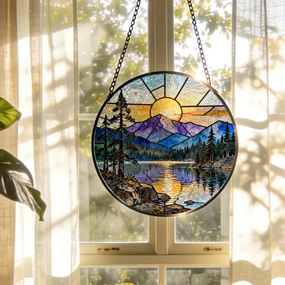 Rustic Lake Mountain Sunset Stained Glass Window Hanging, Nature Forest Lake Scenic Landscape Suncatcher Indoor Window Glass Round Wall Art Decor, 7.9x7.9 Inch