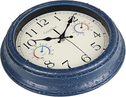 Crosstime 12 Inch Outdoor Clock with Thermometer & Hygrometer, Vintage Blue Wall Clock Waterproof, Easy to Read Decor for Patio,Garden, Pool, Backyard, Farmhouse, Bathroom