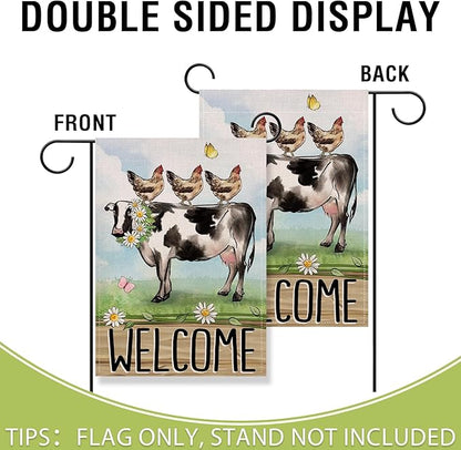 Artofy Welcome Spring Summer Farm Animals Small Decorative Garden Flag, Cow Chicken Hen Farmhouse Yard Lawn Outside Decor, Rustic Burlap Outdoor Home Decoration Double Sided 12 x 18