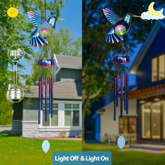 MUMTOP Solar Wind Chimes for Outside - Hummingbird with Crack Glass Ball Lights Wind Chimes Outdoor Unique, Windchimes Clearance for Garden, Patio,Yard Decor Gift