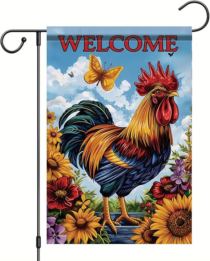 Spring Summer Garden Flag 12x18 Inch Colorful Rooster Welcome Floral Farm Animal Design Outdoor Yard Porch Lawn Garden for Seasonal Farmhouse Country Home Decor