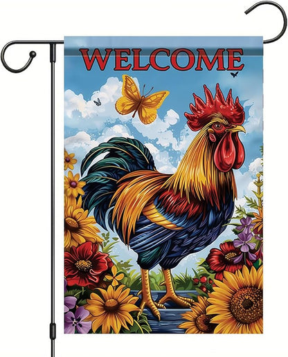 Spring Summer Garden Flag 12x18 Inch Colorful Rooster Welcome Floral Farm Animal Design Outdoor Yard Porch Lawn Garden for Seasonal Farmhouse Country Home Decor
