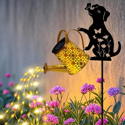 ZFNN Solar Garden Decor Lights, Outdoor Waterproof Solar Watering Can with Cascading Lights, Metal Dog Silhouette Stake Yard Art for Outside Lawn Patio, Unique Gardening Gifts for Women Mom