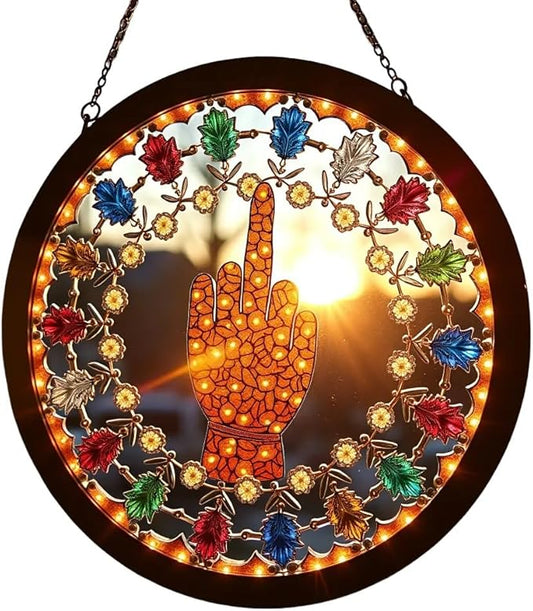 Middle Finger Suncatcher Color Stained Glass Window Hanging, Handmade Acrylic Funny Light Sun Catcher Indoor Outdoor Wall Hanger Ornament, Hand-Painted Glass Panel Decor for Home Office (D)