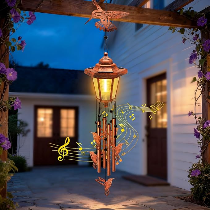 Large Solar Hummingbird Wind Chimes with Wind Catcher/Solar Decor Light to Create a Zen Atmosphere Decor for Outdoor Garden Patio, Classic Bronze Wind Chimes, Gifts for Mom Grandma Women Wife Daughter