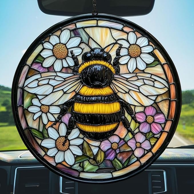 Bee Faux Tiffany Acrylic Suncatcher Stained Glass Effect Window Car Hanging Christmas Ornament Indoor Outdoor Decor Garden Sun Catcher Panel for Bee Lover for Women Mom Grandma