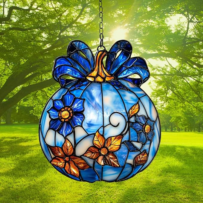 Blue Floral Pumpkin Acrylic Suncatcher Stained Glass Effect Window Car Hanging Christmas Ornament Indoor Outdoor Decor Garden Sun Catcher Panel for Halloween Lover for Women Mom Grandma