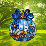 Blue Floral Pumpkin Acrylic Suncatcher Stained Glass Effect Window Car Hanging Christmas Ornament Indoor Outdoor Decor Garden Sun Catcher Panel for Halloween Lover for Women Mom Grandma