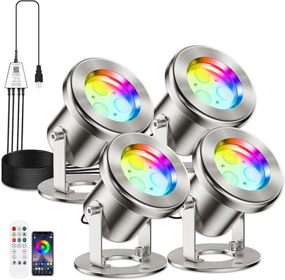 LyLmLe LED Pond Lights with APP Control, 6W SS316 Stainless Steel RGB Underwater Fountain Light with 12V Transformer, IP68 Waterproof Outdoor Underwater Lights for Pond Waterfall, Black Wire(4-Spots)