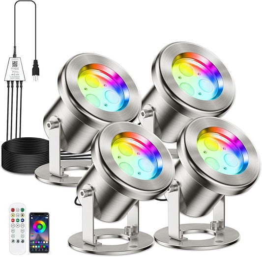 LyLmLe LED Pond Lights with APP Control, 6W SS316 Stainless Steel RGB Underwater Fountain Light with 12V Transformer, IP68 Waterproof Outdoor Underwater Lights for Pond Waterfall, Black Wire(4-Spots)