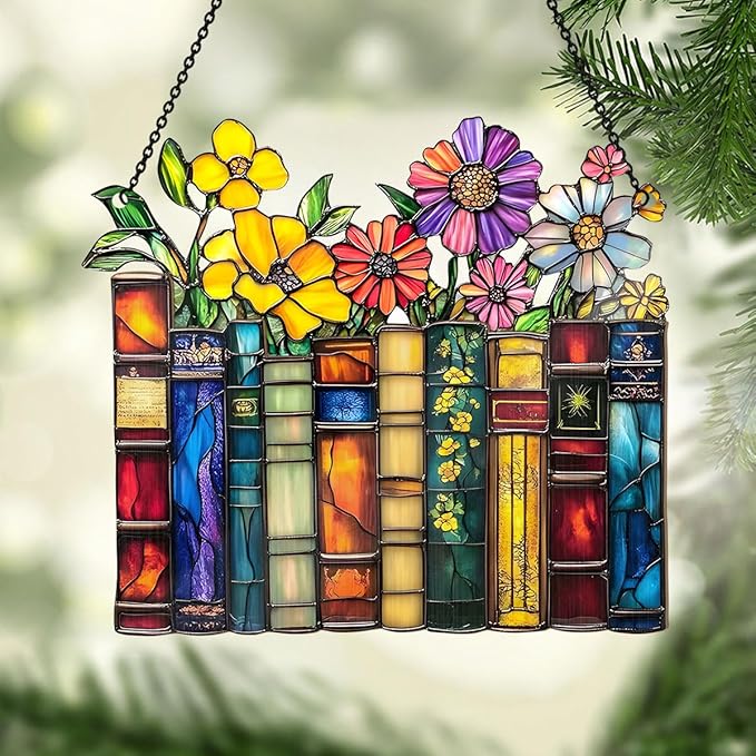 Jesuspirit - Window Hanging Suncatcher – Crystal Clear Acrylic & Wood Sun Catcher for Home Decor, for Women (Vintage Flower Book, 8 Inches)