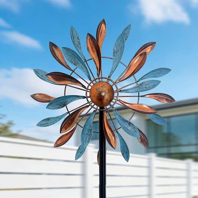 Wind Spinners Outdoor Metal, 360° Kinetic Wind Spinner with Stake, Metal Garden Yard Patio Lawn Windmill Decor (12.6" Dia, 56.7" H, Copper & Teal Petal)