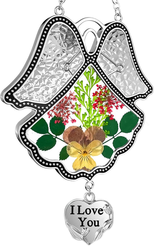 KY&BOSAM Angel Suncatcher I Love You Stained Glass Panels Suncatcher for Window Hanging Wind Chime with Pressed Flower and Metal Trim Sister Heart Charm Birthday Gift for Mom Mothers Day Christmas