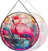 RIVEENY Flamingos Sun Catcher Stained Glass,8" Flamingos Gifts for Women,Stained Glass Window Hanging,Red Birds Sun Catchers for Windows, Hand Painted Glass for Birds Lover