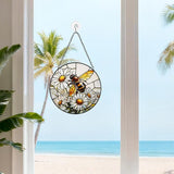 Stained Glass Window Hanging, Bee Circular Painted Glass Suncatcher with Chain & Suction Cup for Home Garden Door Decor, Birthday for Women Men Mom 7.8 in