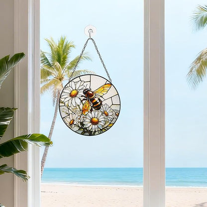 Stained Glass Window Hanging, Bee Circular Painted Glass Suncatcher with Chain & Suction Cup for Home Garden Door Decor, Birthday for Women Men Mom 7.8 in