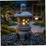Japanese Garden Decor Solar Pagoda Light, Outdoor Stone Finish Pagoda Garden Statue with Auto On/Off for Patio Yard, Pet Decors