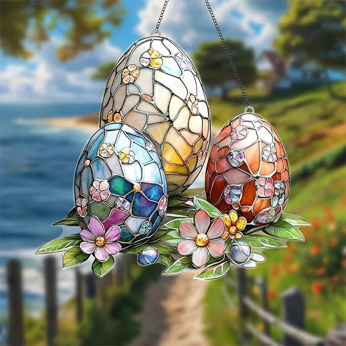 Easter Sun Catcher for Window Hanging with Easter Eggs Designs Cute Ornament Full Cover Acrylic Stained Glass for Garden Party Decor Women Friends Easter Gift