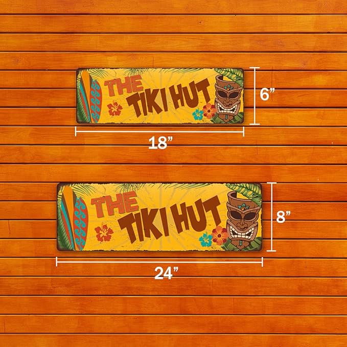 The Tiki Hut Sign Hut Decor Signs Bars Grill Decorations Hawaiian Accessories Patio Beach Surfboard Wall Art Plaque Vintage Tin Gift 8 x 24 Matte Finish Metal 108240091028
