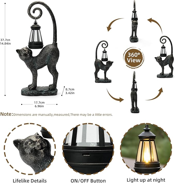 Solar Cat Garden Decor Outdoor Statue - Cat with LED Waterproof Sculptures Lights, Cute Pond/Yard Statues Outside Decoration, Home, Lawn, Patio, Resin Animal Ornament, Women/Gardening Gift
