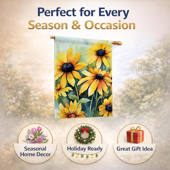 Caroline's Treasures Maryland Black-Eyed Susans in Watercolor House Flag Large Porch Sleeve Pole Decorative Outside Yard Banner Artwork Wall Hanging, Polyester, House Size, Multicolor