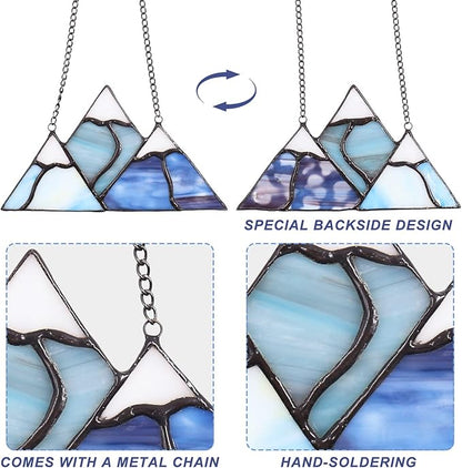 Tuitessine Snow Mountain Stained Glass Window Hanging Decor, Hand-Painted Smoky Mountain Glass Ornament 6.1×3.4 in, Nature Lover Gift Home & Garden Farmhouse Suncatcher