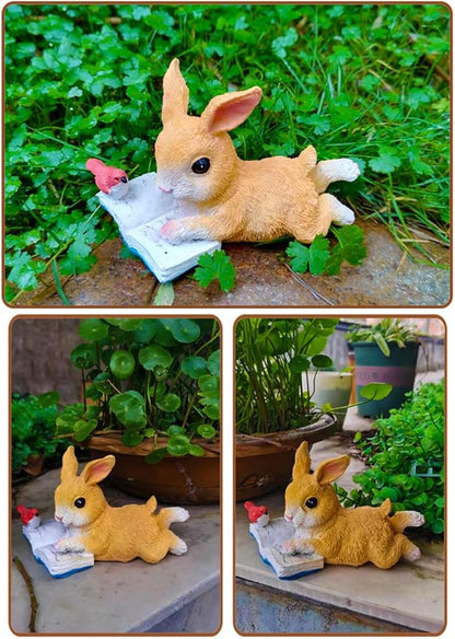 Cute Bunny Reading Book Statue Garden Decor, Resin Rabbit Figurine Sculpture Indoor Outdoor Easter Spring Decoration for Home Patio, Yard, Lawn, Porch Ornaments