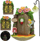 Fairy Door and Windows with Lantern Tree Stump Decor, Glow in The Dark Yard Art Sculpture Miniature Fairy Garden Accessories for Wall, Outdoor Decor