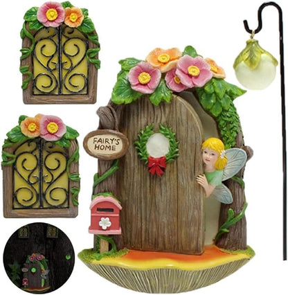 Fairy Door and Windows with Lantern Tree Stump Decor, Glow in The Dark Yard Art Sculpture Miniature Fairy Garden Accessories for Wall, Outdoor Decor