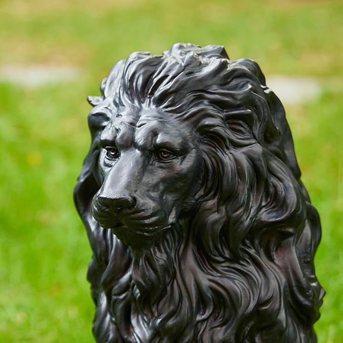 Glitzhome Guardian Sitting Lion Statue Regal Indoor and Outdoor Garden Sculpture for Home Entrance Porch and Yard, 20.75in Tall, Black
