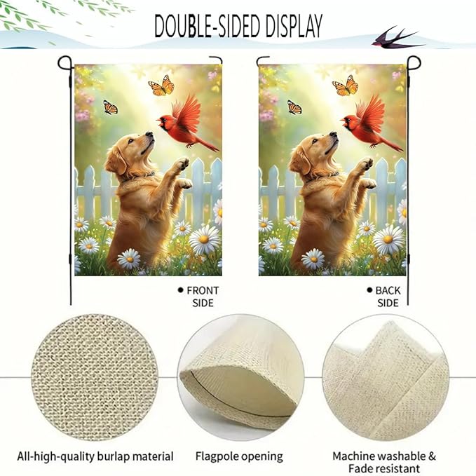 Spring Summer Golden Retriever Garden Flags 12x18 Double Sided, Small Burlap Seasonal Cardinal Floral Dog Garden Flag Spring Summer Outdoor Yard Decorations for Outside Lawn Décor