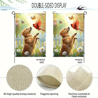 Spring Summer Golden Retriever Garden Flags 12x18 Double Sided, Small Burlap Seasonal Cardinal Floral Dog Garden Flag Spring Summer Outdoor Yard Decorations for Outside Lawn Décor