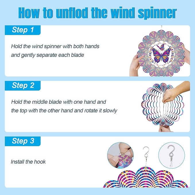 Wind Spinners Outdoor, Butterfly Metal 3D Hanging Garden Decor, 12-inch Stainless Steel Wind Spinner with Tail Spinner, Wind Sculptures for Patio Lawn Yard, Ornament Gift for Women/Men