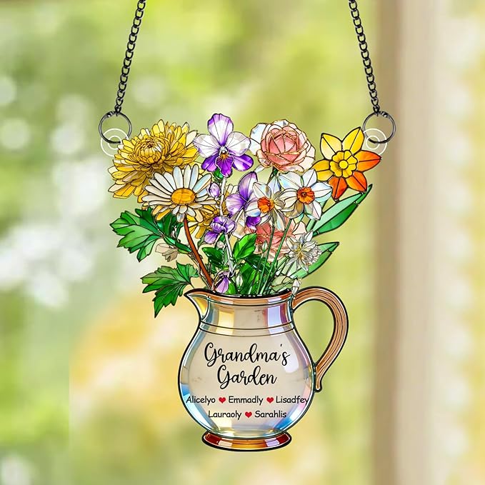 Personalized Grandmas Garden Stained Glass Acrylic Suncatchers, Custom Name Birth Month Flowers Window Hanging Ornament, Mothers Day Christmas Birthday Gifts for Grandma Mom Nana Mimi (Style 05)