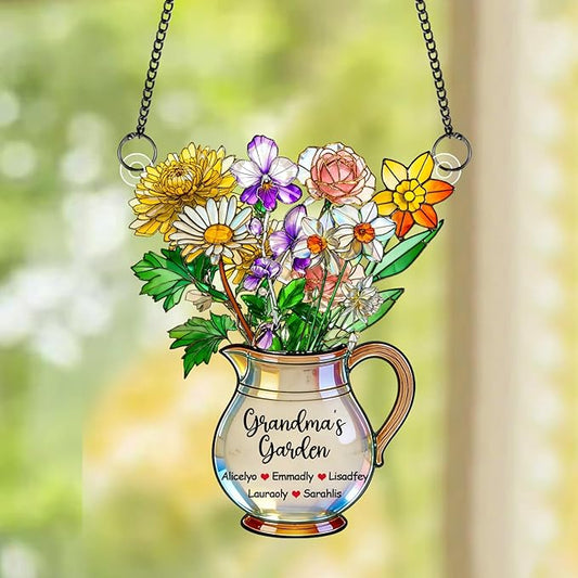 Personalized Grandmas Garden Stained Glass Acrylic Suncatchers, Custom Name Birth Month Flowers Window Hanging Ornament, Mothers Day Christmas Birthday Gifts for Grandma Mom Nana Mimi (Style 05)