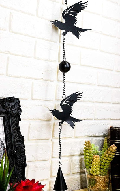 Ebros Harbinger of Doom Raven Crow Black Coated Steel Metal Wall Hanging Wind Chime with Beads Home and Patio Decor Bad Omen Macabre Edgar Poe Ravens Mobile Noisemaker